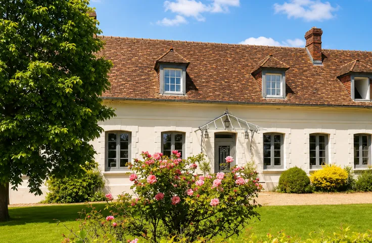 Grande demeure normande blanche à lucarnes, entourée d'un jardin avec rosiers et pelouse verte.