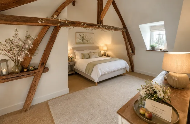 Chambre sous charpente en bois avec poutres décorées de fleurs de pommier, lit habillé de blanc et vert sauge, guéridon en bois avec pommes et fleurs.