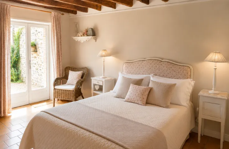 Chambre douillette avec lit habillé de linge beige et rose poudré, fauteuil en rotin, portes-fenêtres ouvrant sur un jardin en pierre.