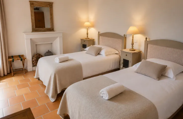 Chambre avec deux lits jumeaux et plaids beiges, cheminée en pierre blanche, sol en tuiles de terre cuite.