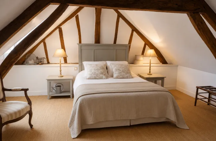 Chambre mansardée avec lit double gris pâle, chevets assortis, tapis en fibres naturelles et poutres apparentes.
