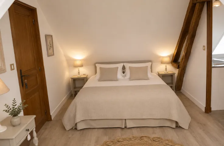 Chambre mansardée avec lit double gris clair, chevets en bois, porte ancienne et poutre apparente près du plafond.