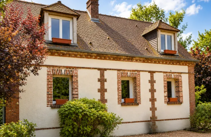 Façade de maison normande avec encadrements de fenêtres en briques rouges, jardinières fleuries et allée de gravier.