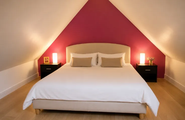 Chambre mansardée avec mur d'accent rouge cerise, lit double beige et blanc, chevets noirs et lampes allumées de part et d'autre.