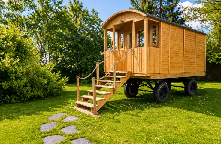 Roulotte en bois sur roues avec véranda vitrée et escalier en bois menant à l'entrée, installée sur une pelouse entourée d'arbres.