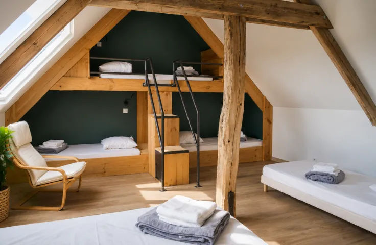 Dortoir mansardé avec lits superposés en bois encastrés sous les combles, mur vert foncé, fauteuil en rotin et poutres apparentes.