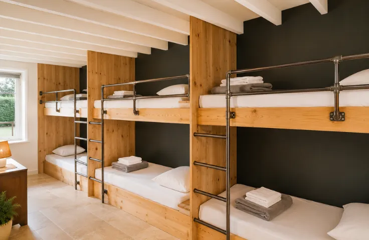 Dortoir avec trois lits superposés en bois clair, échelles métalliques, linge de lit blanc et gris, mur anthracite.