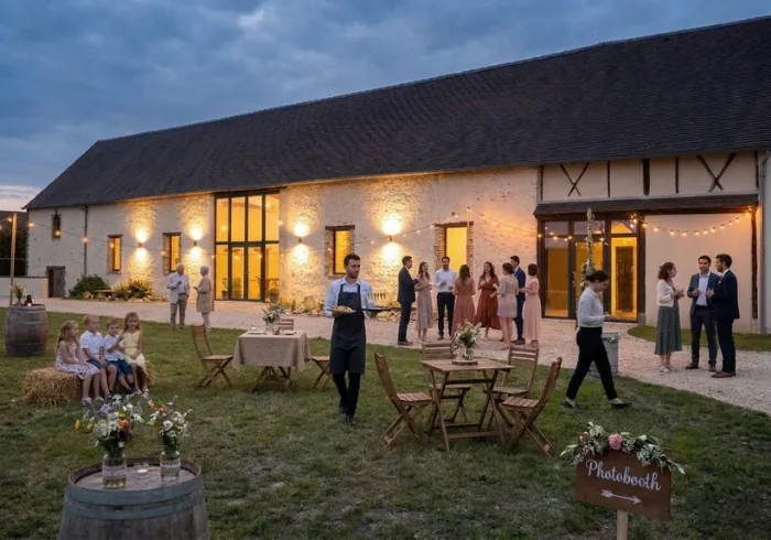 Cocktail en extérieur à la tombée de la nuit, guirlandes lumineuses, invités réunis devant la grange illuminée, panneau "Photobooth" et tonneau en bois au premier plan.