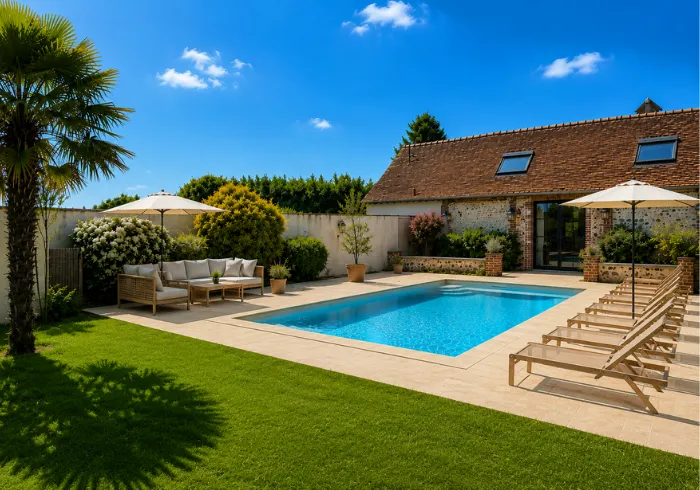 Piscine extérieure rectangulaire entourée d'une terrasse, chaises longues, parasols et palmier, avec la maison en arrière-plan.
