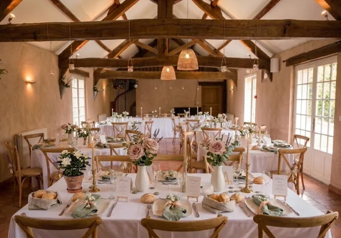 Salle de réception aux poutres apparentes avec tables rondes dressées de nappes blanches, bouquets de roses roses, paniers de pain et lanternes en osier suspendues.