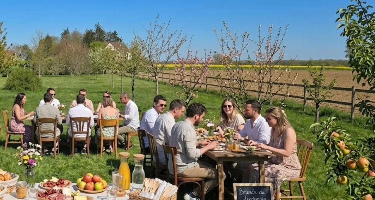 Brunch en extérieur au milieu d'un verger en fleurs, table dressée de fruits et viennoiseries, invités attablés avec les champs en arrière-plan.