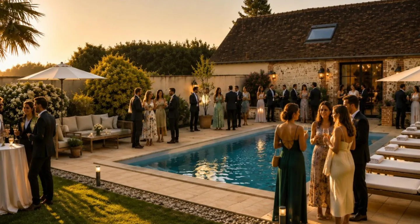 Cocktail au bord de la piscine à la tombée du jour, invités en tenue de soirée discutant verre en main, transats et grange illuminée en arrière-plan.