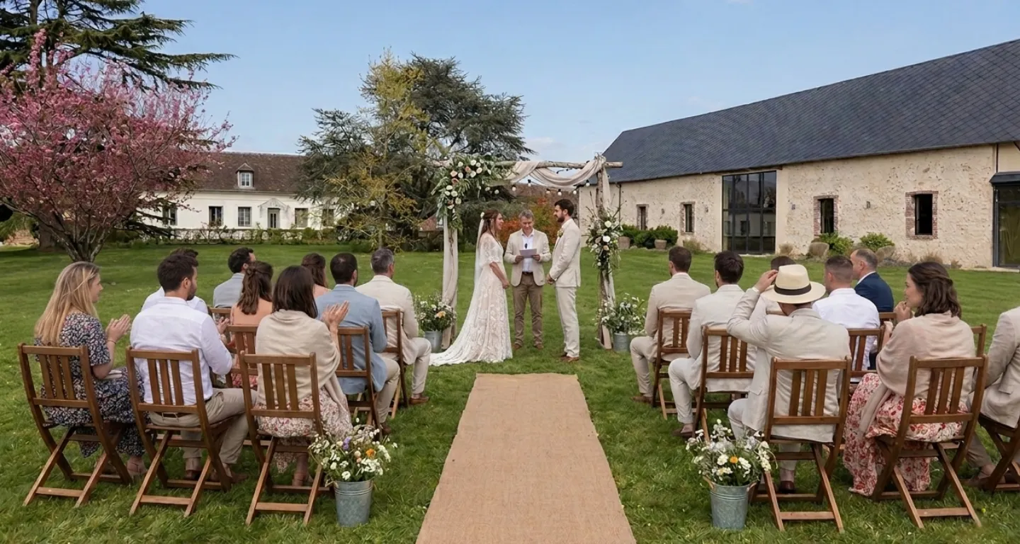 Cérémonie laïque en plein air sous une arche en bois fleurie, mariés face à l'officiant, invités assis de part et d'autre d'une allée en tapis beige devant la grange.