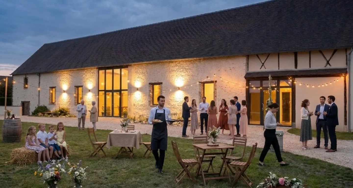 Cocktail en soirée devant la grange illuminée, serveur portant un plateau, invités en tenue de soirée réunis autour de tables en bois, enfants assis sur des bottes de foin au premier plan.