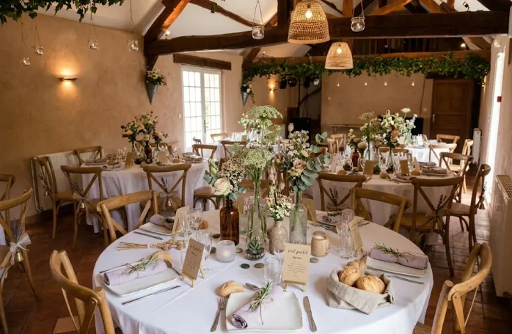 Salle de réception aux poutres apparentes et suspensions en osier, tables rondes dressées de nappes blanches, bouquets champêtres et paniers de pain.