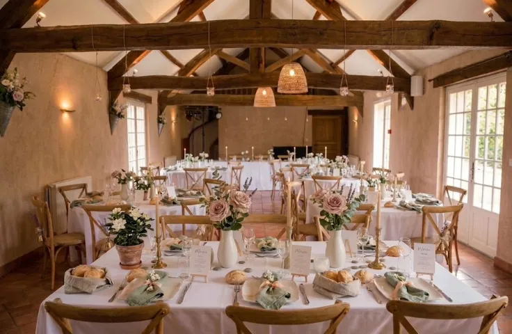 Salle de réception à charpente en bois avec tables longues dressées de nappes blanches, bouquets de roses roses, chandeliers et présentoirs de menu en bois.