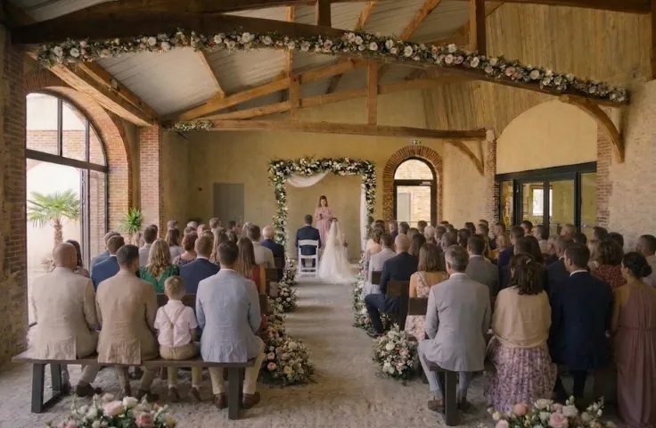 Cérémonie de mariage sous un préau à charpente en bois et arches en briques, guirlande de fleurs le long de la poutre faîtière, mariée remontant l'allée devant les invités assis sur des bancs.