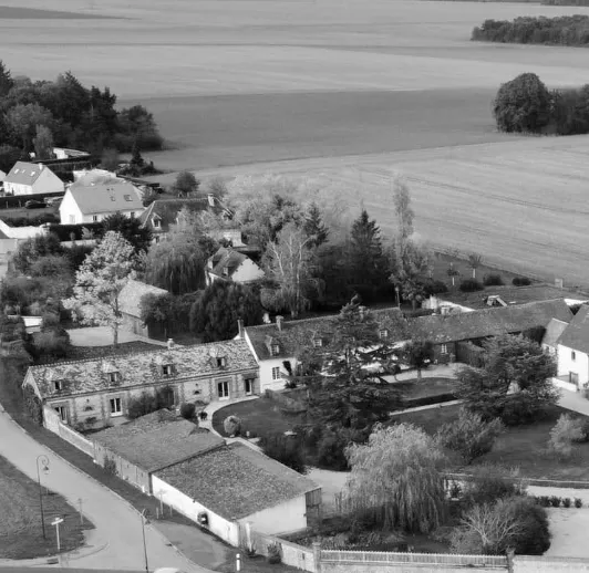 Photo en noir et blanc d'un domaine rural avec grand arbre et bâtiments en pierre