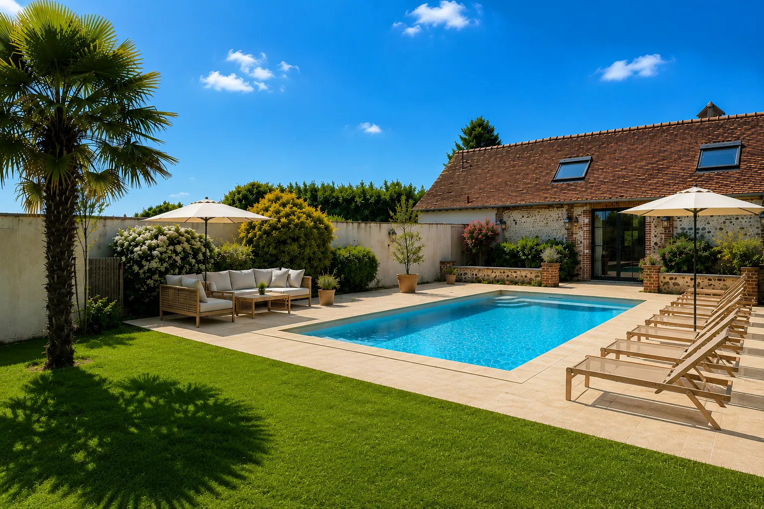 Piscine et terrasse au Domaine de la Huguenoterie.