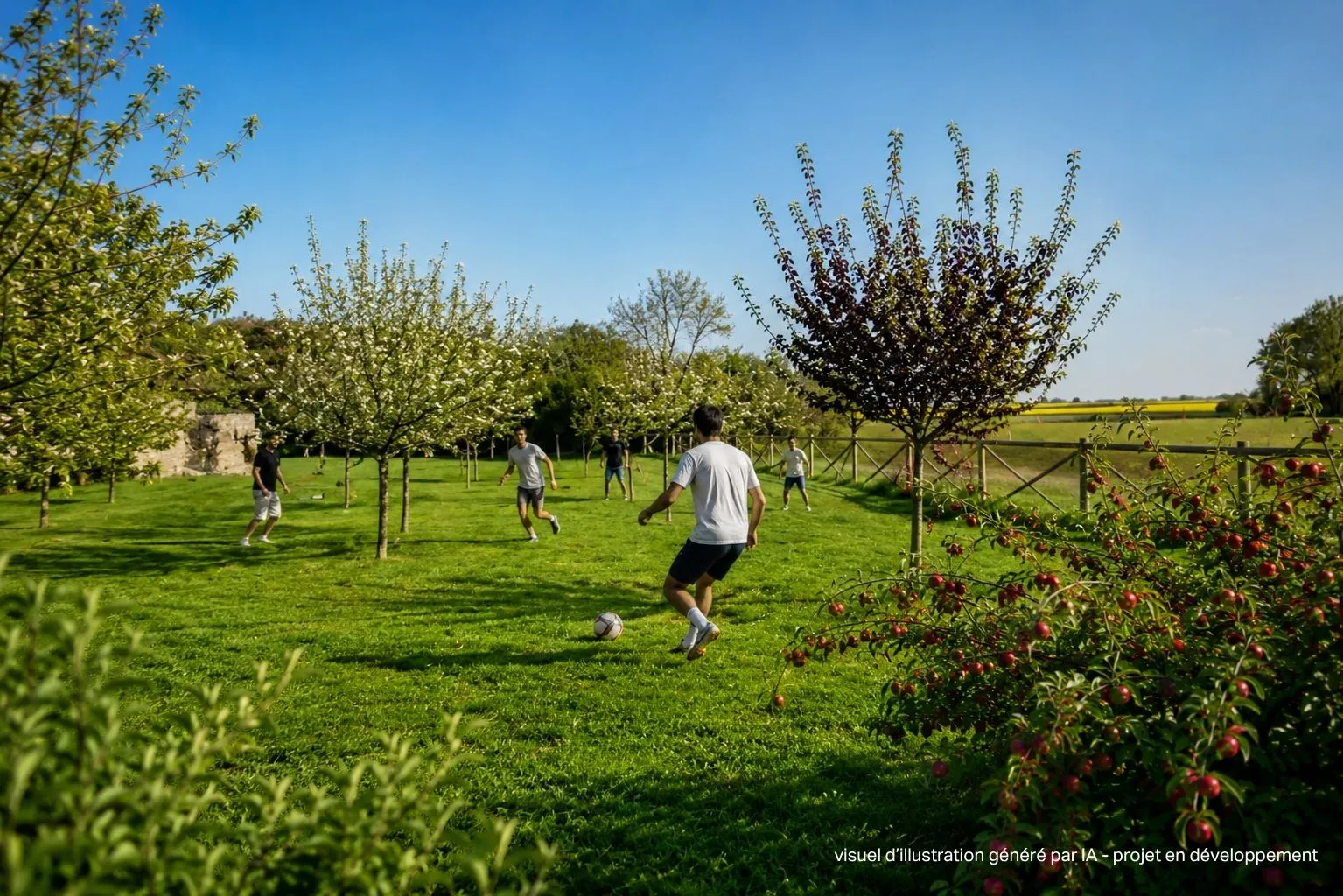 Groupe de personnes jouant au foot dans un verger