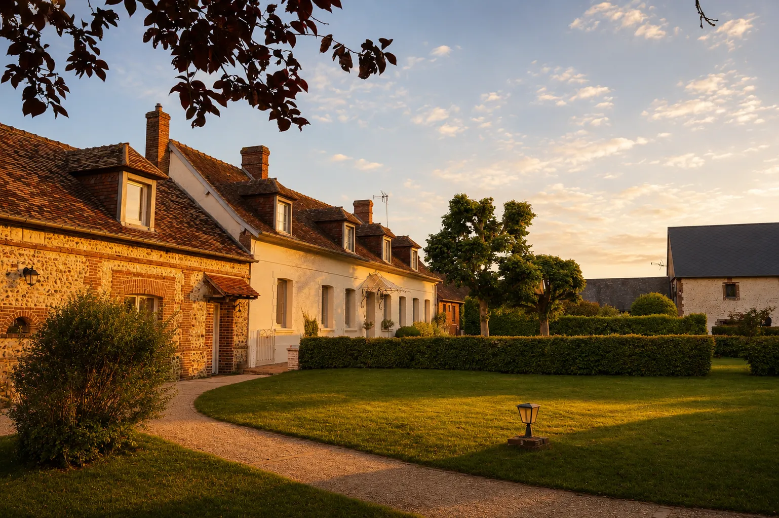 maisons du domaine avec un coucher de soleil