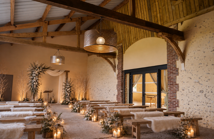 Salle de cérémonie laïque dans une grange rénovée, avec rangées de bancs en bois drapés de fourrure blanche, allée ornée de lanternes et de compositions florales blanches, charpente apparente et lumière dorée.