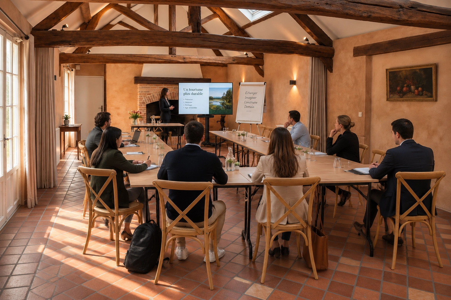 salle mirabelle sous forme de réunion en forme de U avec des personnes autour d'une table