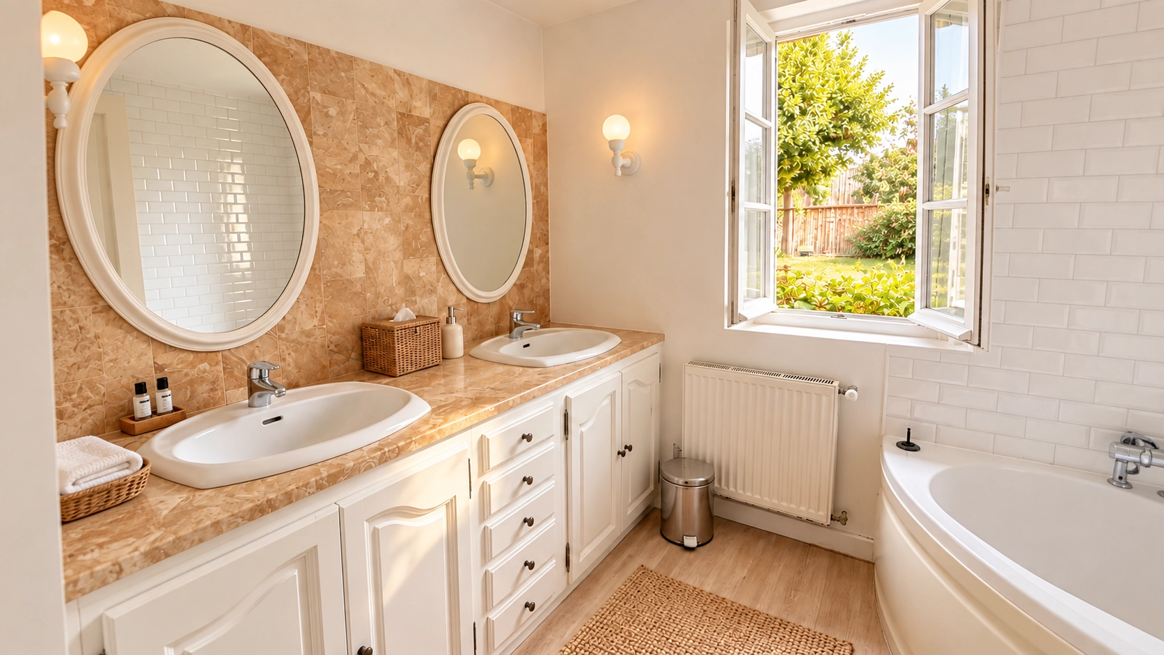 Salle de bain lumineuse, au Domaine de la Huguenoterie.