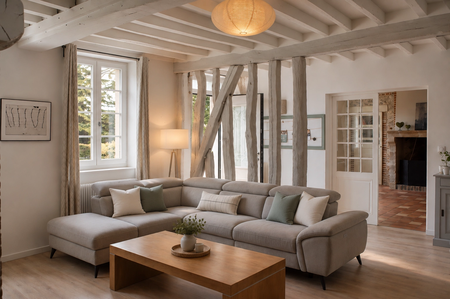 Salon chaleureux au Domaine de la Huguenoterie.
