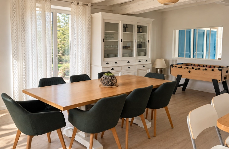 salle à manger avec une grande table conviviale avec un babyfoot en arrière plan