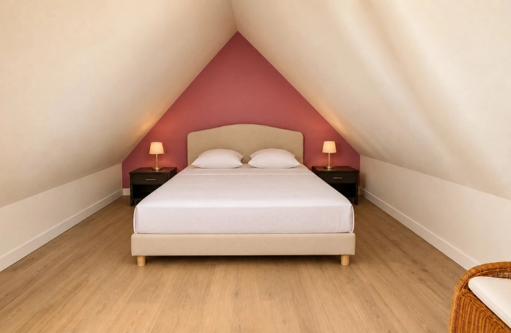 chambre lumineuse avec un lit deux places