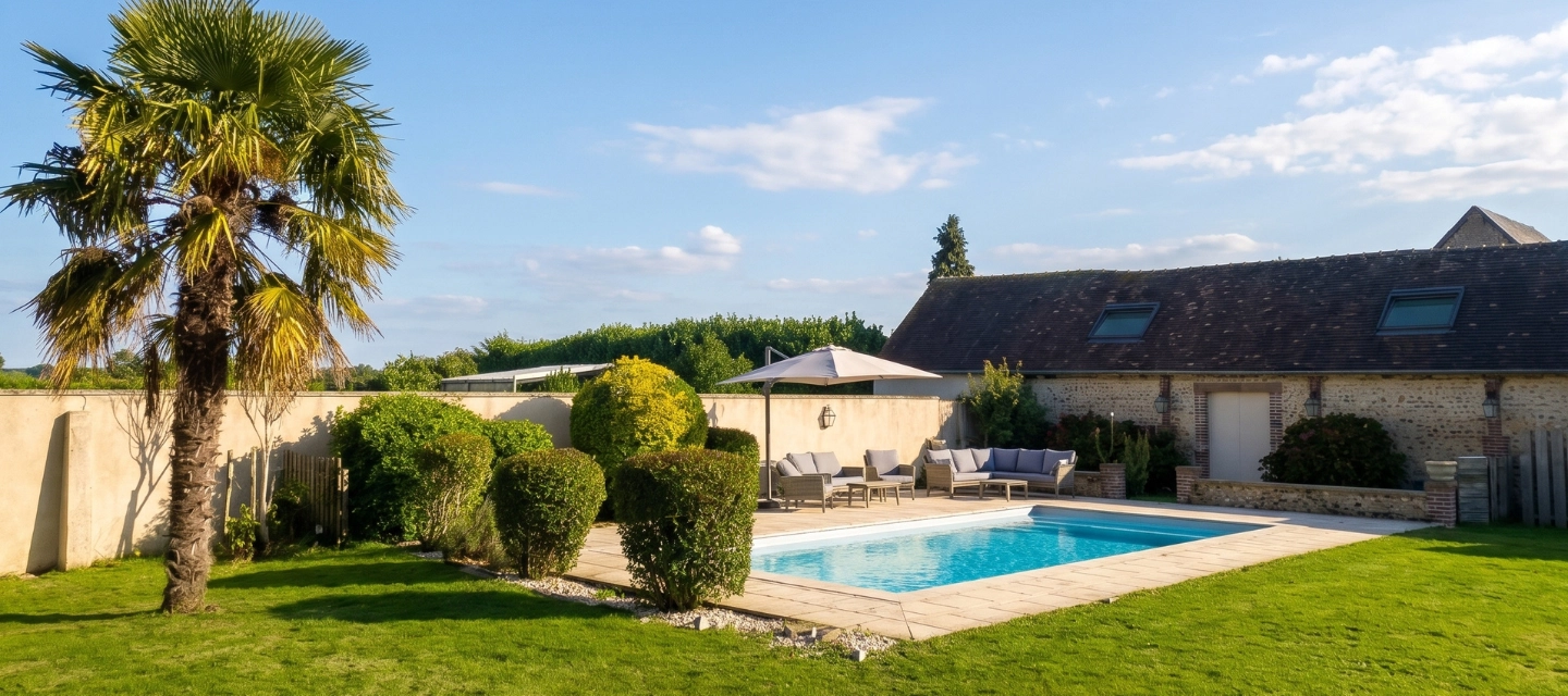 Piscine extérieure avec chaises longues, salon de jardin et parasols blancs, entourée de végétation et d'un bâtiment en pierre sous ciel bleu