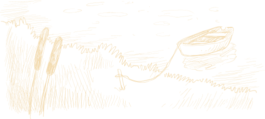Dessin au trait d'un bateau attaché à un rivage herbeux avec des roseaux au bord de l'eau.