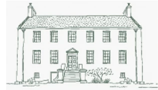 Dessin en ligne d'une maison traditionnelle à deux étages avec escalier et fenêtres symétriques.