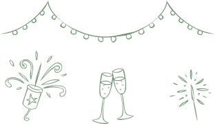 Illustration de célébration avec guirlandes, bouteille de champagne, verres à vin et étincelle.