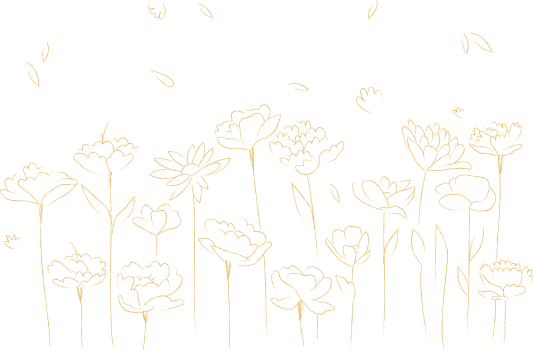 Dessin au trait orange de diverses fleurs stylisées sur fond noir.