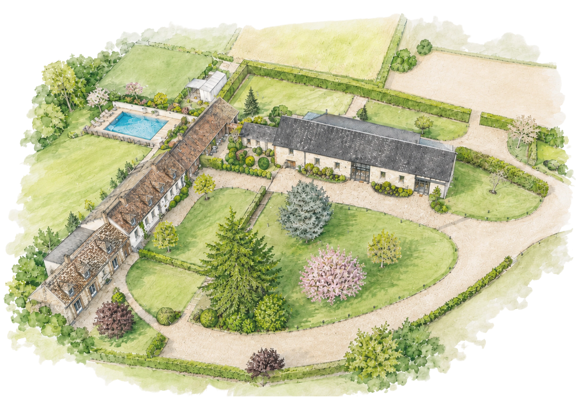 Vue à vol d'oiseau d'un domaine avec deux bâtiments, une piscine et un jardin arboré.