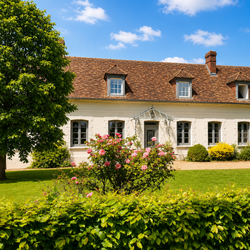 Maison blanche avec un toit brun, un jardin fleuri et un grand arbre sous un ciel bleu.