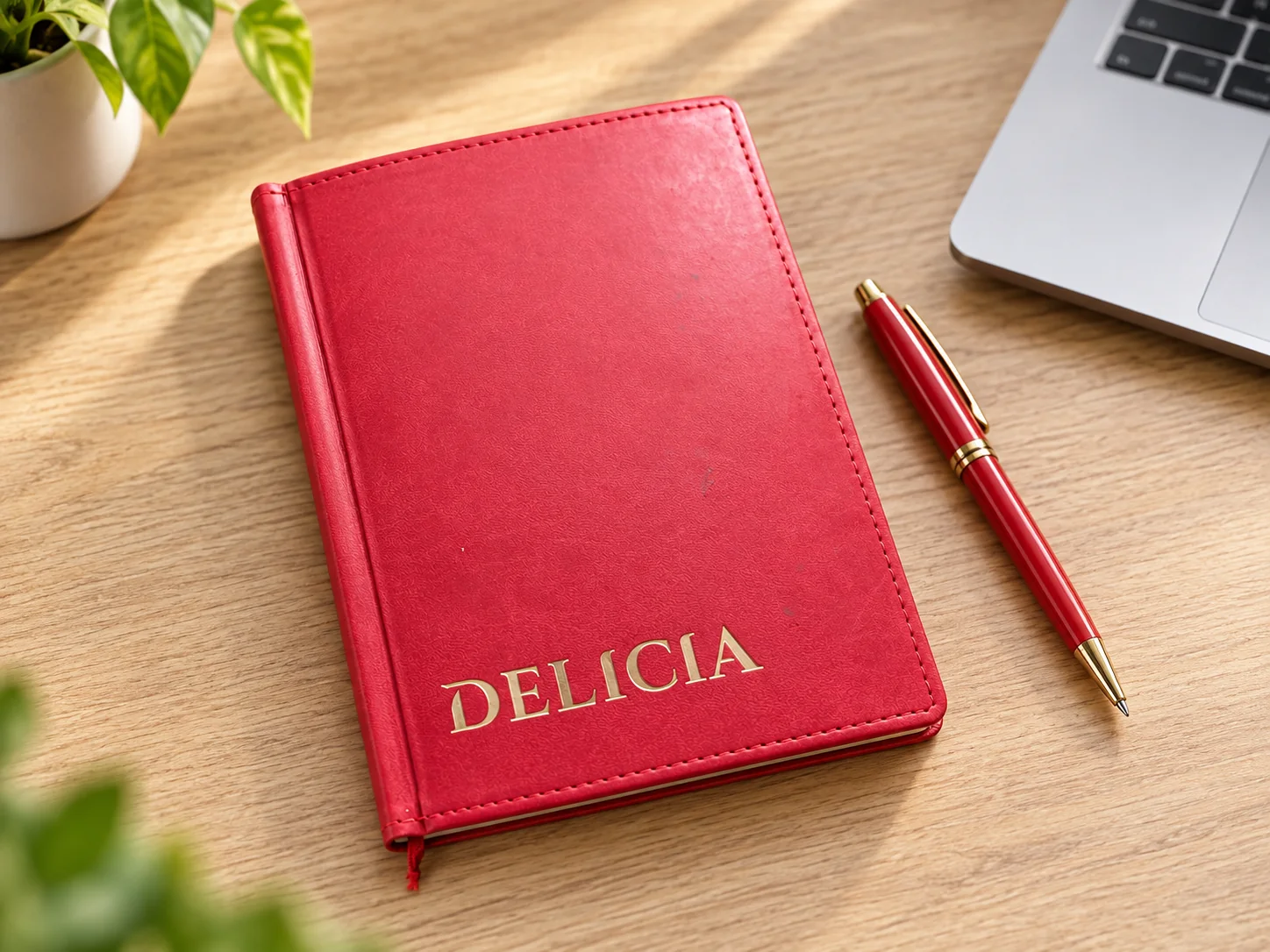 Червоний блокнот Delicia з ручкою на робочому столі