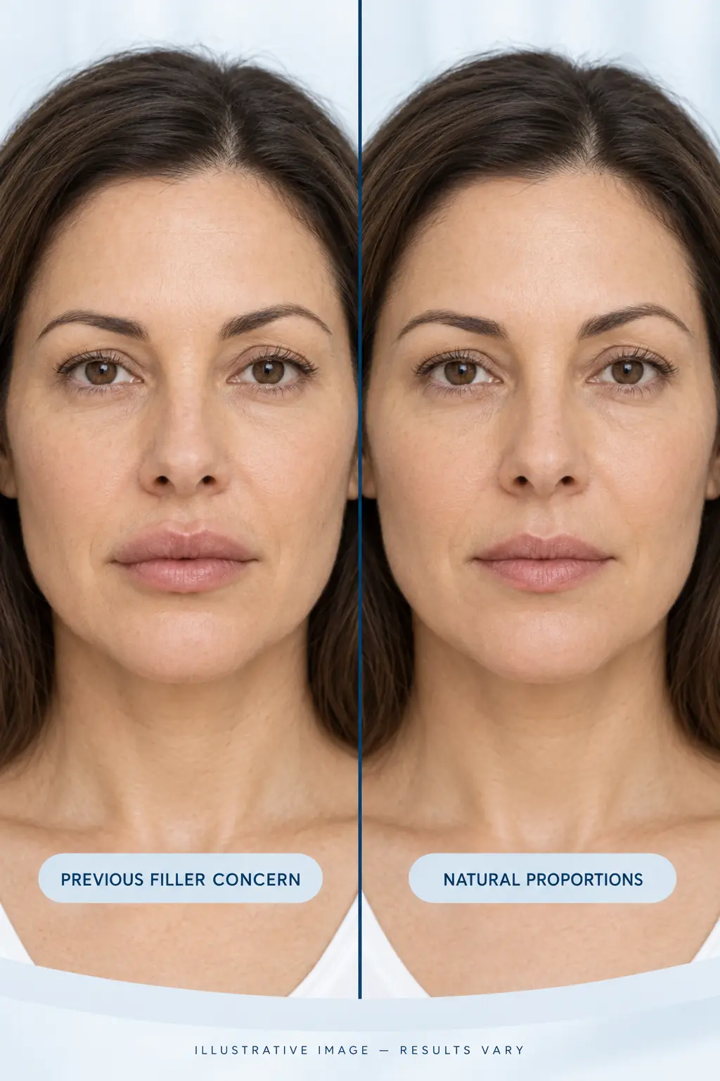 Illustrative comparison of a previous filler concern and restored natural facial proportions