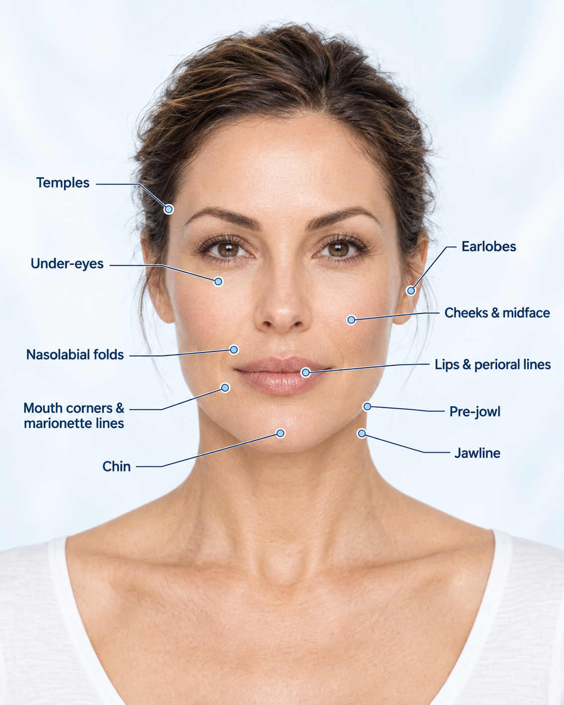 Diagram showing ten facial areas that may be assessed for dermal filler treatment