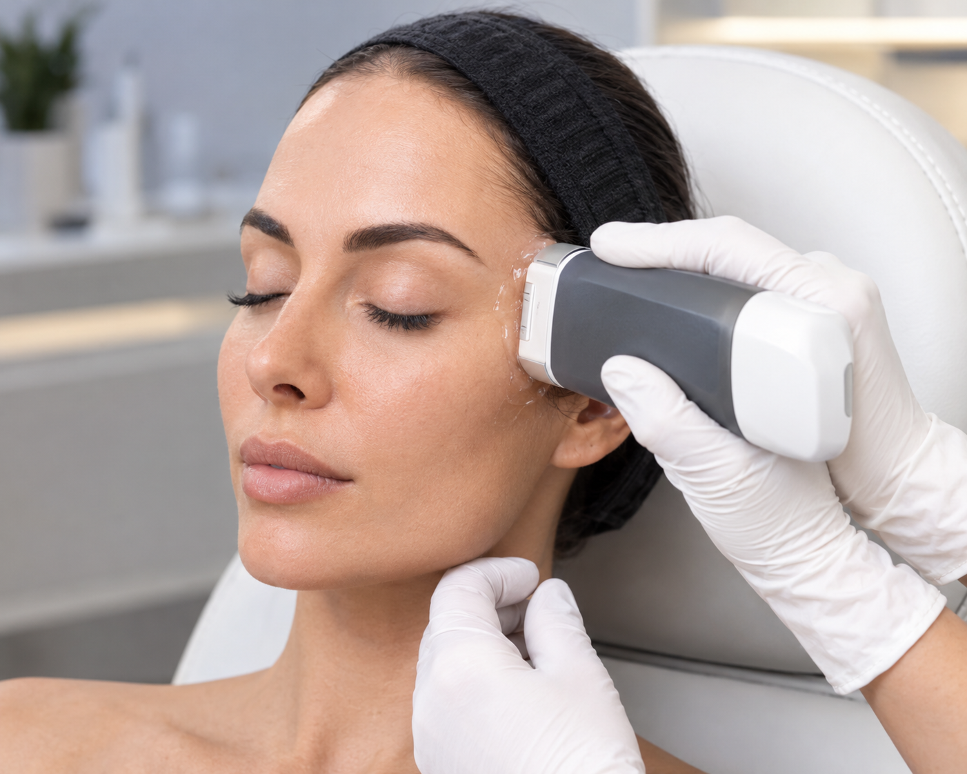An ultrasound probe held against the face during an aesthetic assessment at Dr Kay Clinic