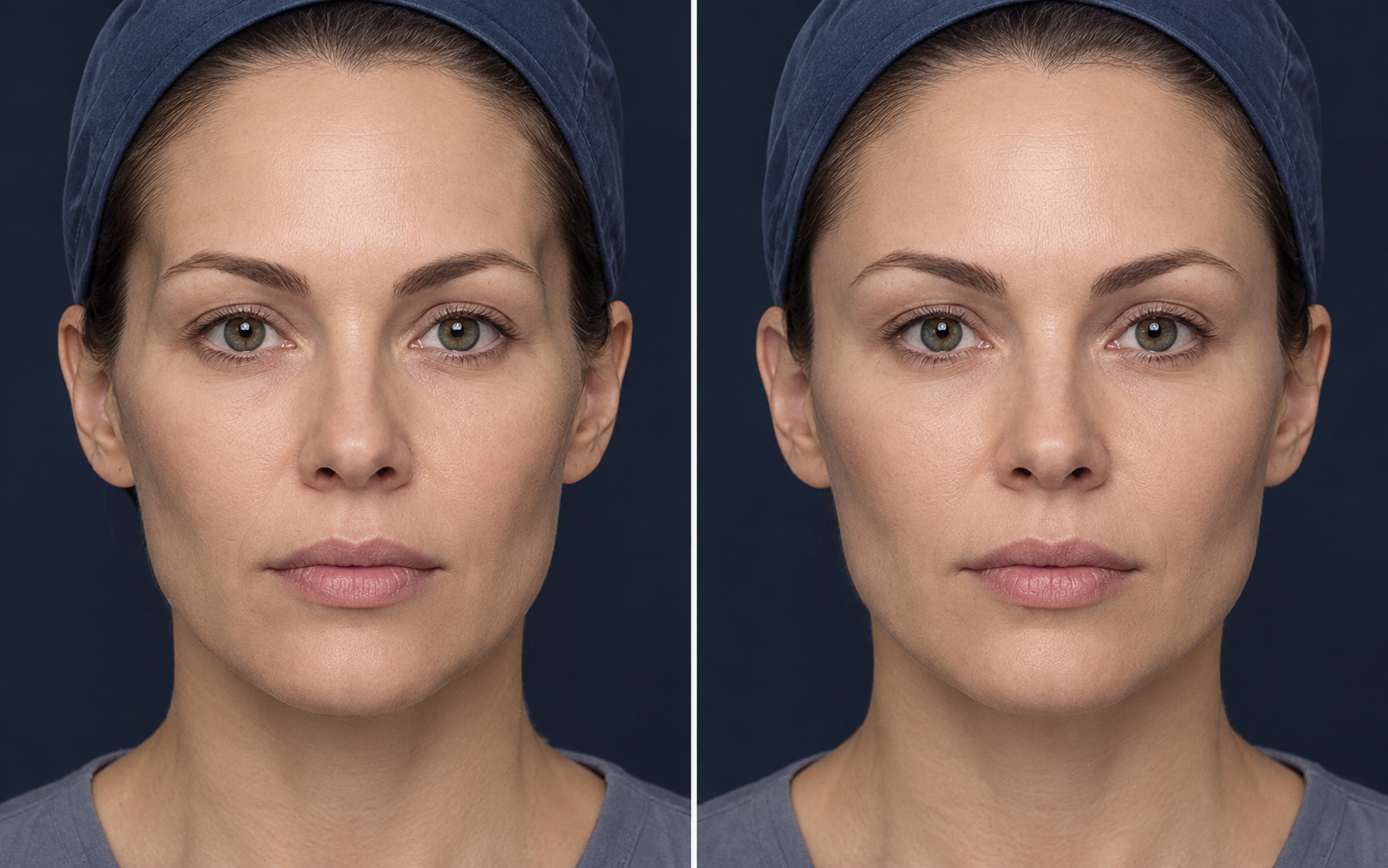 The same face before and after temple filler, showing a smoother contour between the forehead, brow and cheekbone