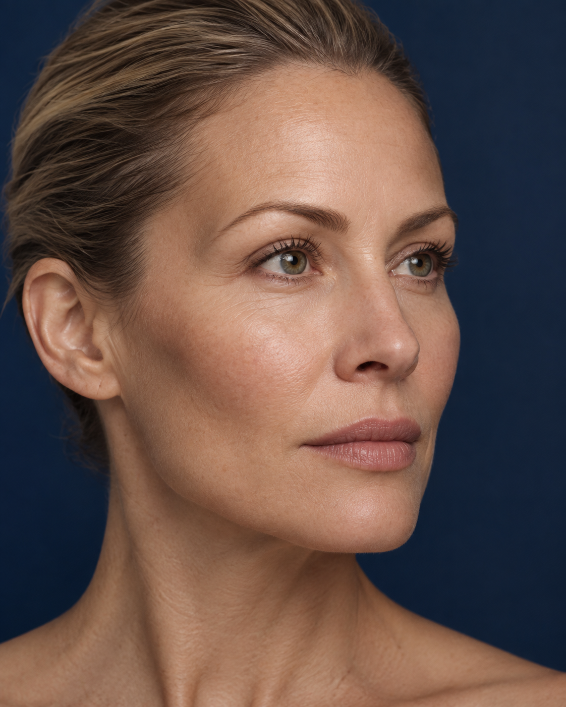 Three-quarter view of a woman's face showing the temple area at the side of the forehead