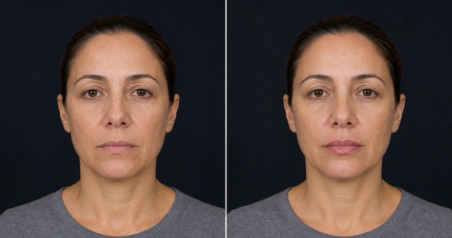 The same face before and after lip filler, showing improved lip border definition and proportionate volume