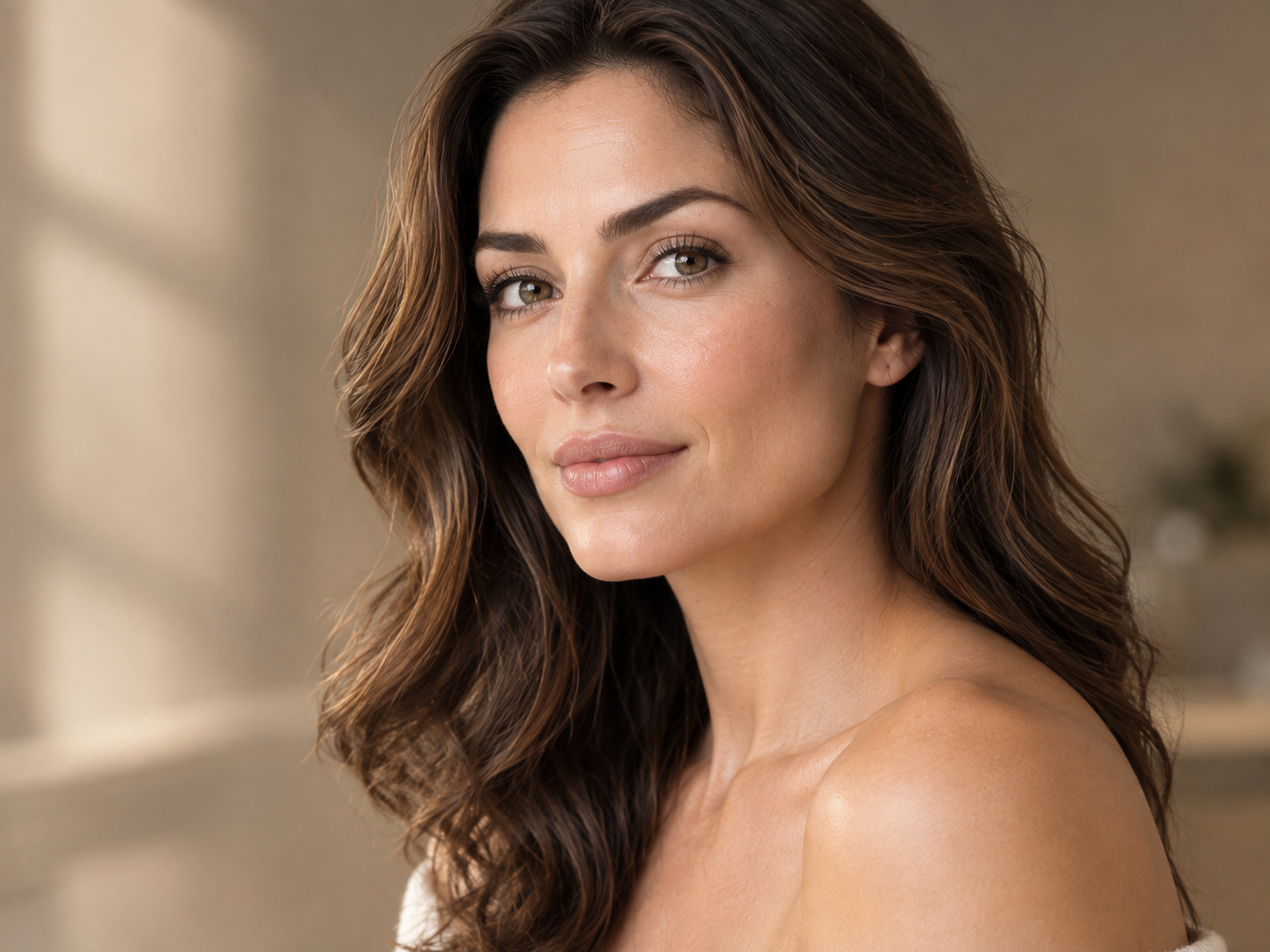 A woman in her late forties with a smooth, relaxed forehead and natural expression