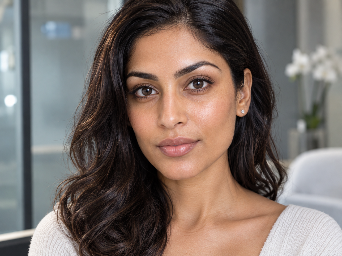 A woman with luminous, well-hydrated skin, eyes softly closed