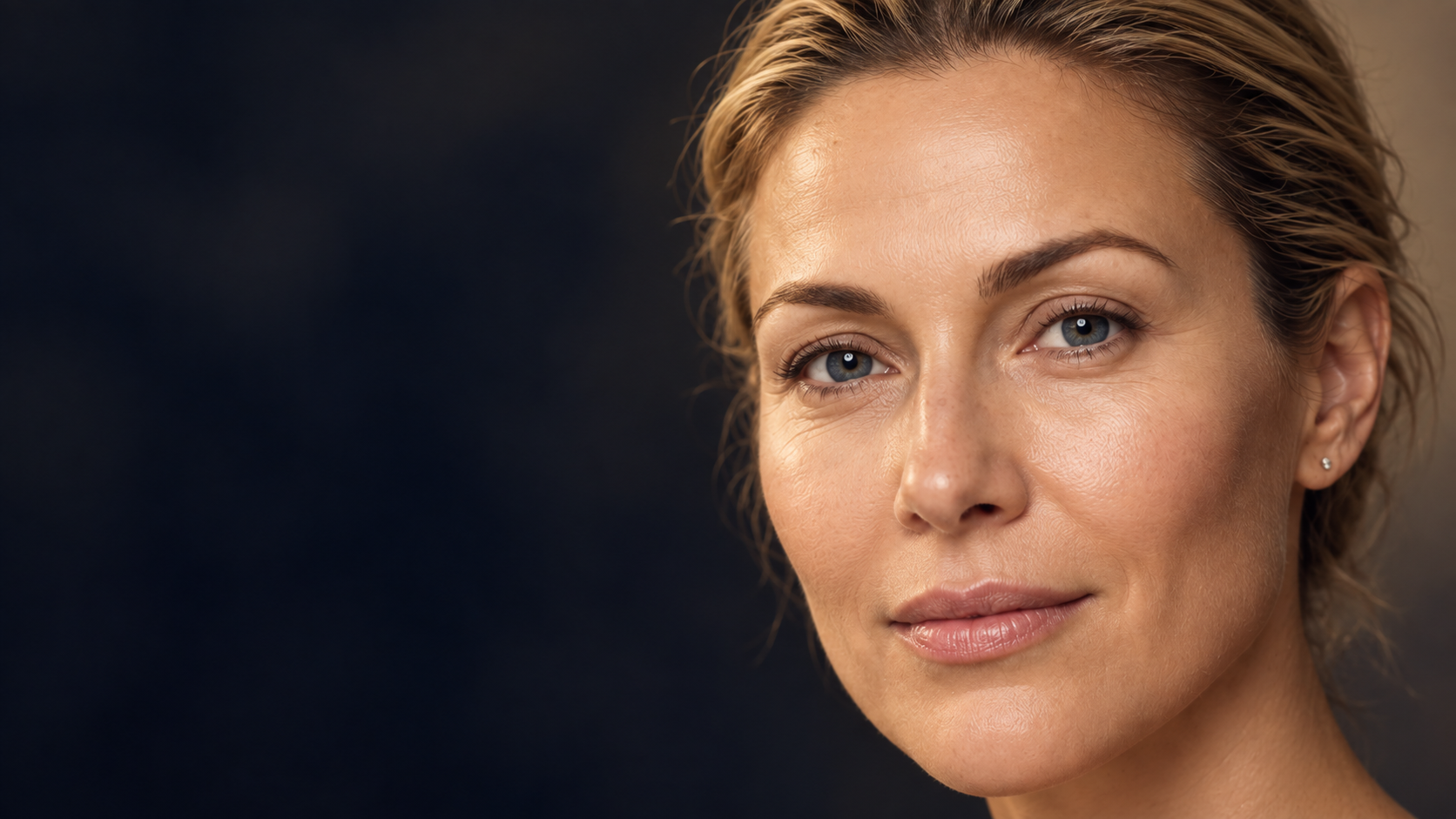 A woman in her forties with relaxed, natural-looking skin and unforced expression