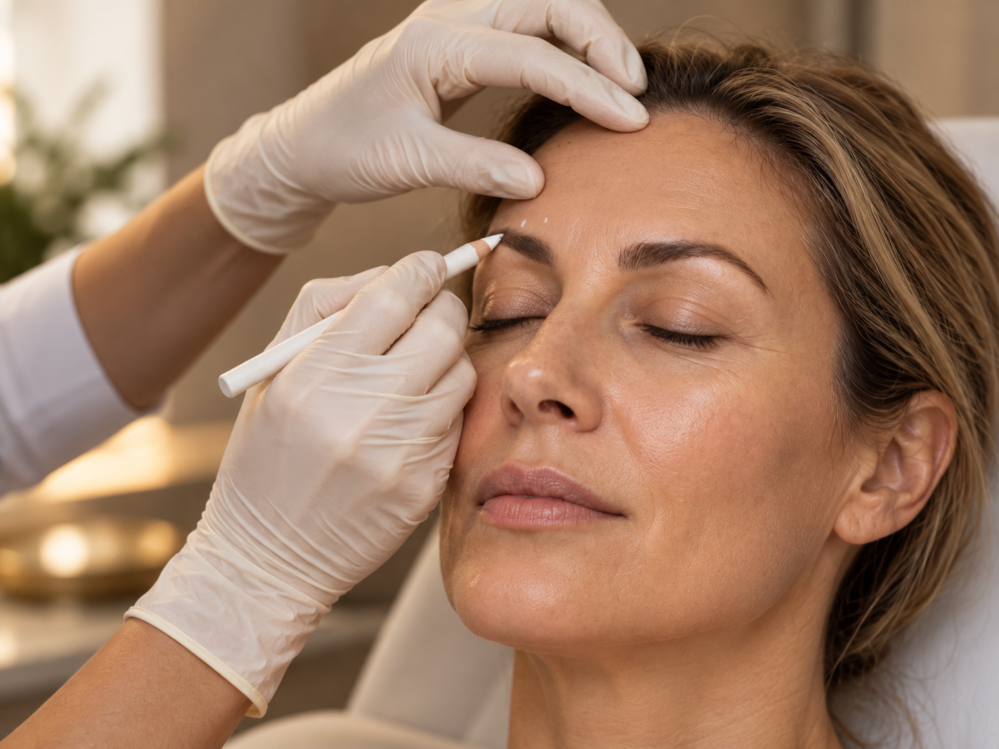 A doctor's gloved hands assessing and marking the upper face before treatment