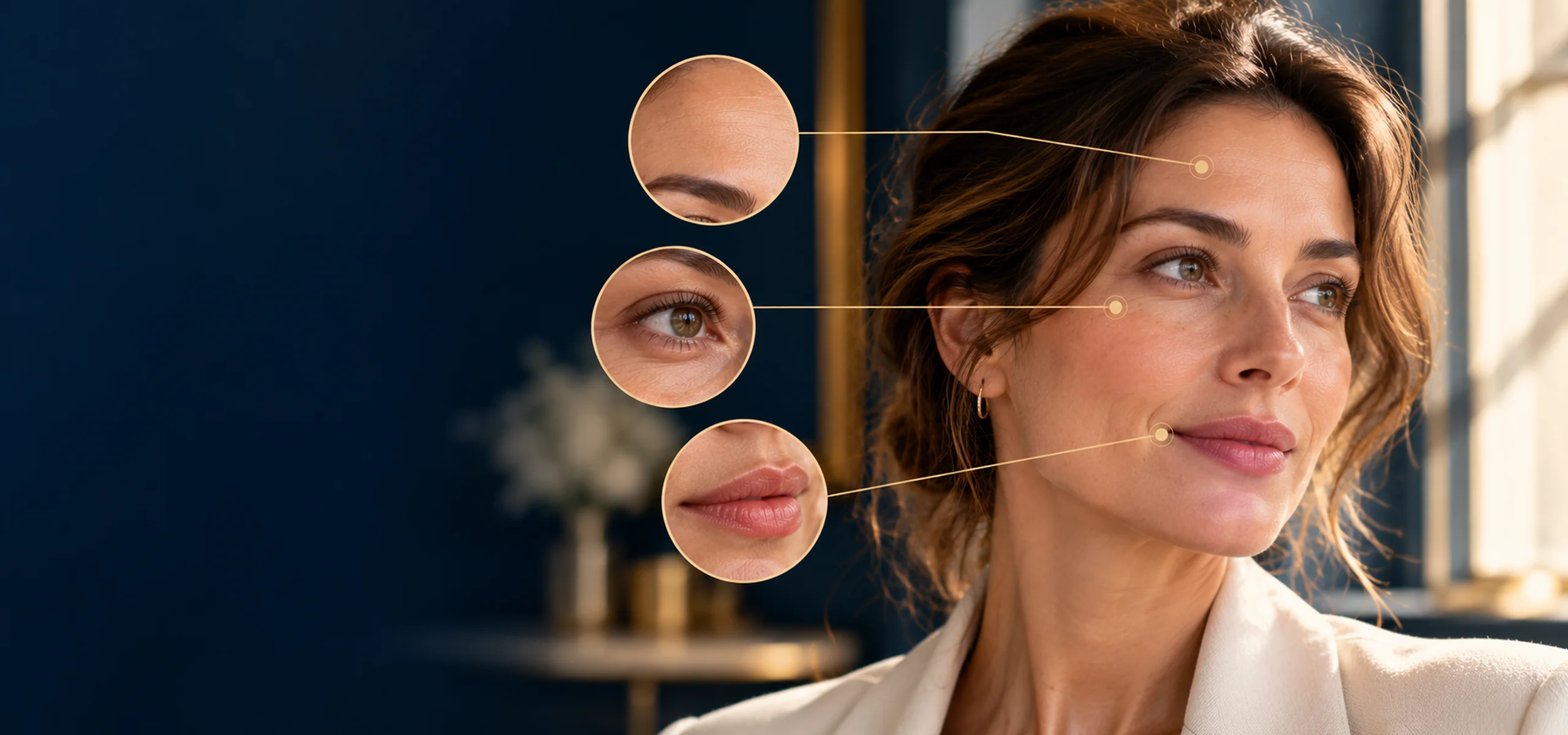 A woman in her forties in soft window light, with close-up views of forehead, eye area and lips, at Dr Kay Clinic in Chiswick
